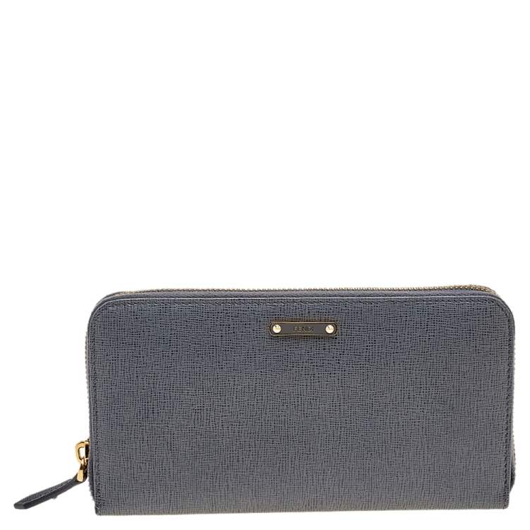 Pre Owned Fendi Grey Leather Zip Around Continental Wallet