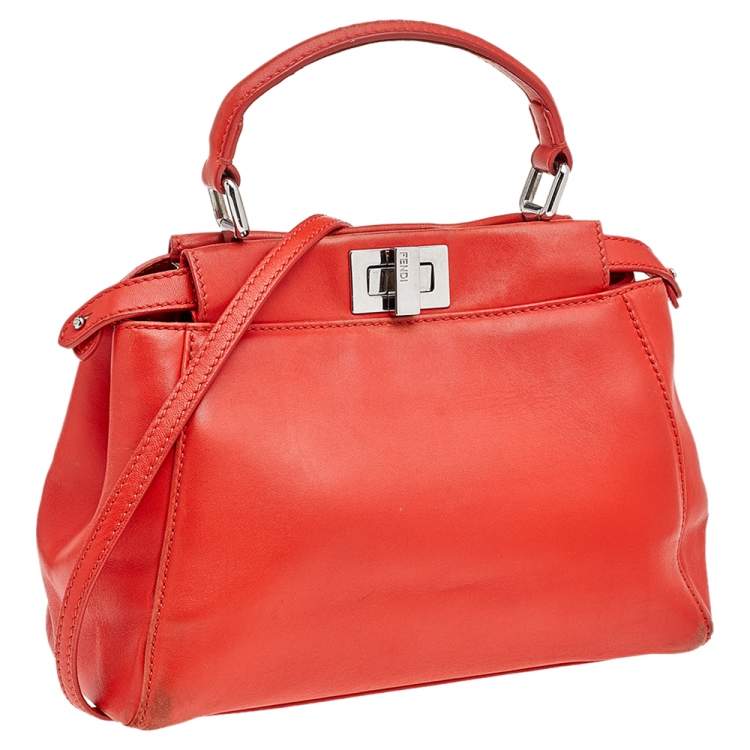 Pre Owned Fendi Orange Leather Mini Peekaboo Top Handle Bag