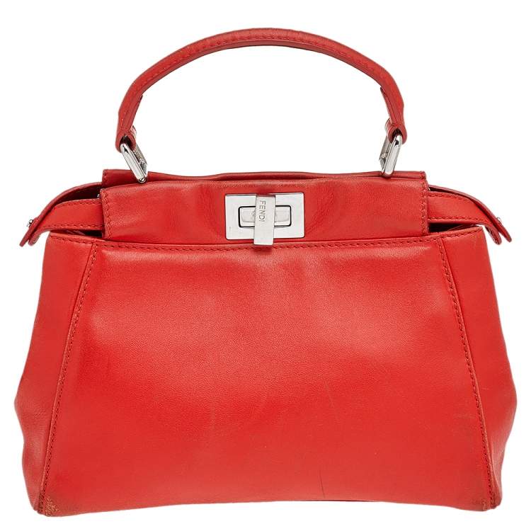 Pre Owned Fendi Orange Leather Mini Peekaboo Top Handle Bag