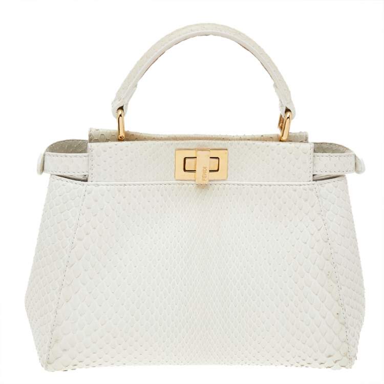 Pre Owned Fendi White Python Mini Peekaboo Top Handle Bag