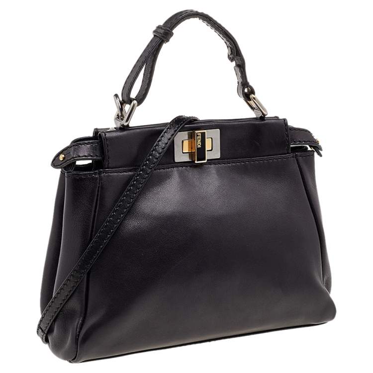Pre Owned Fendi Navy Blue Leather Mini Peekaboo Top Handle Bag