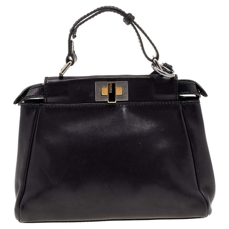 Pre Owned Fendi Navy Blue Leather Mini Peekaboo Top Handle Bag