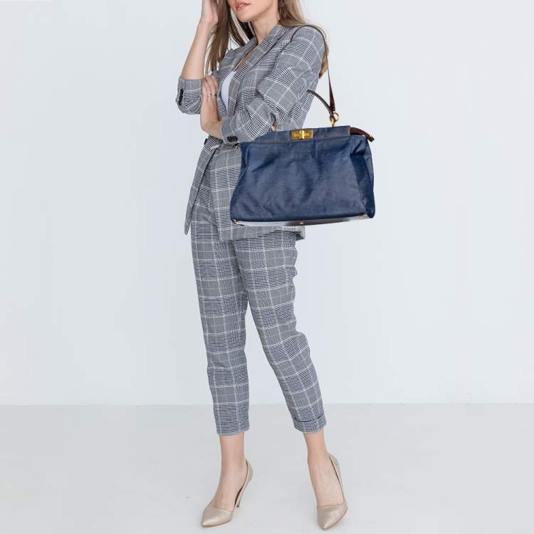 Pre Owned Fendi Blue/Brown Denim and Leather Large Peekaboo Top Handle Bag