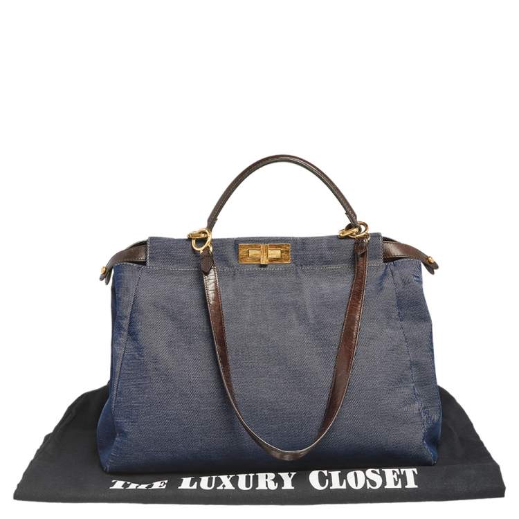 Pre Owned Fendi Blue/Brown Denim and Leather Large Peekaboo Top Handle Bag