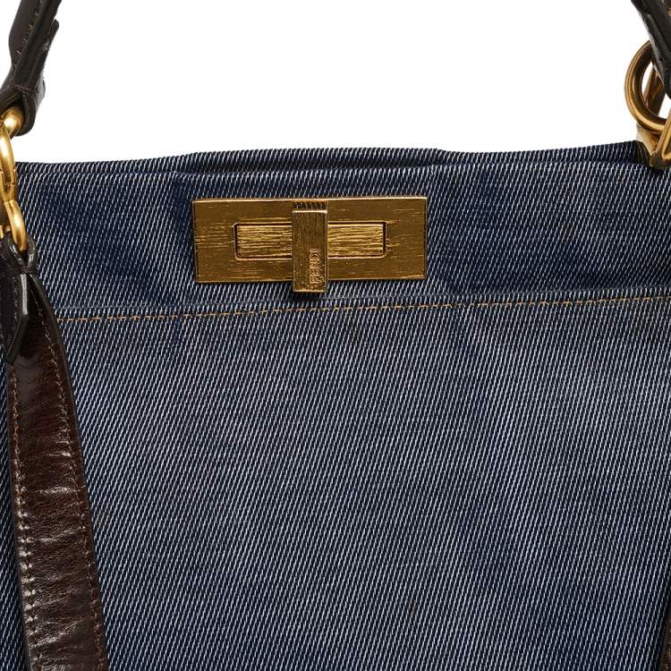 Pre Owned Fendi Blue/Brown Denim and Leather Large Peekaboo Top Handle Bag