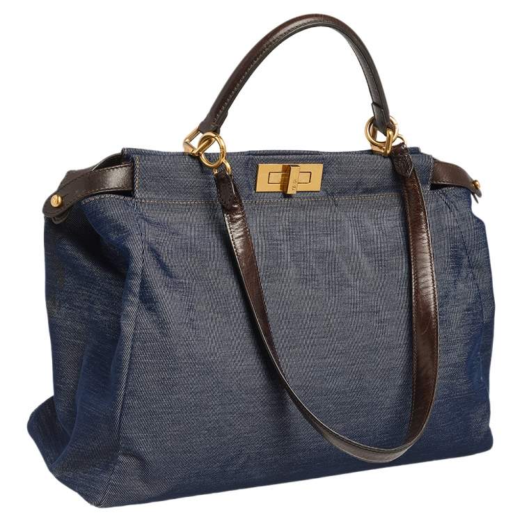 Pre Owned Fendi Blue/Brown Denim and Leather Large Peekaboo Top Handle Bag