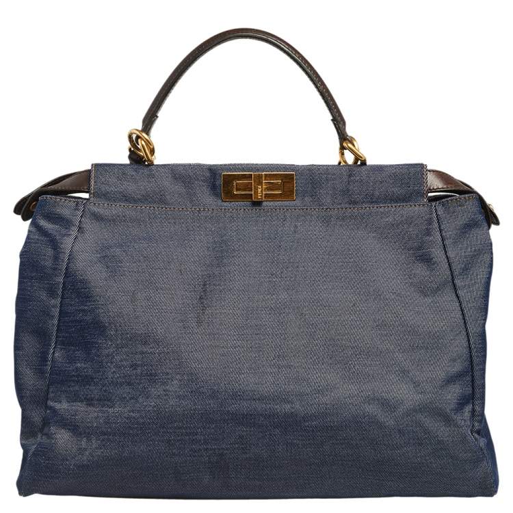 Pre Owned Fendi Blue/Brown Denim and Leather Large Peekaboo Top Handle Bag