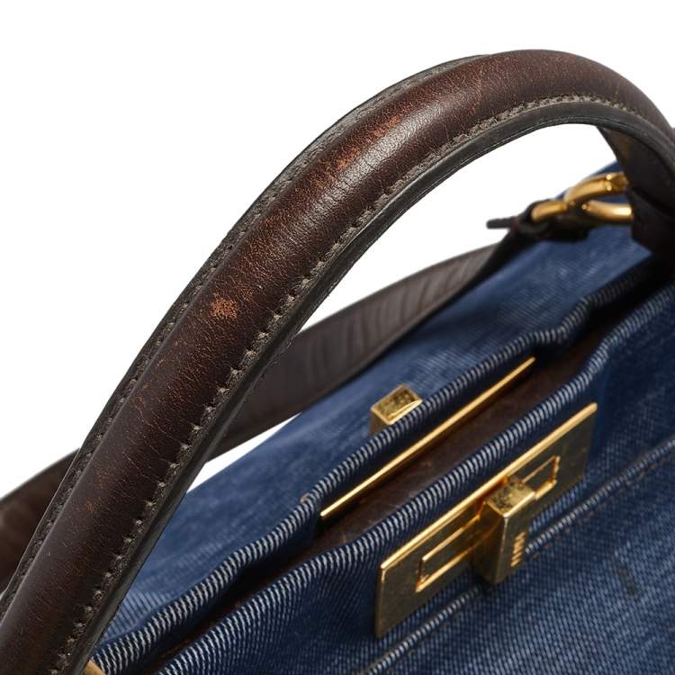 Pre Owned Fendi Blue/Brown Denim and Leather Large Peekaboo Top Handle Bag