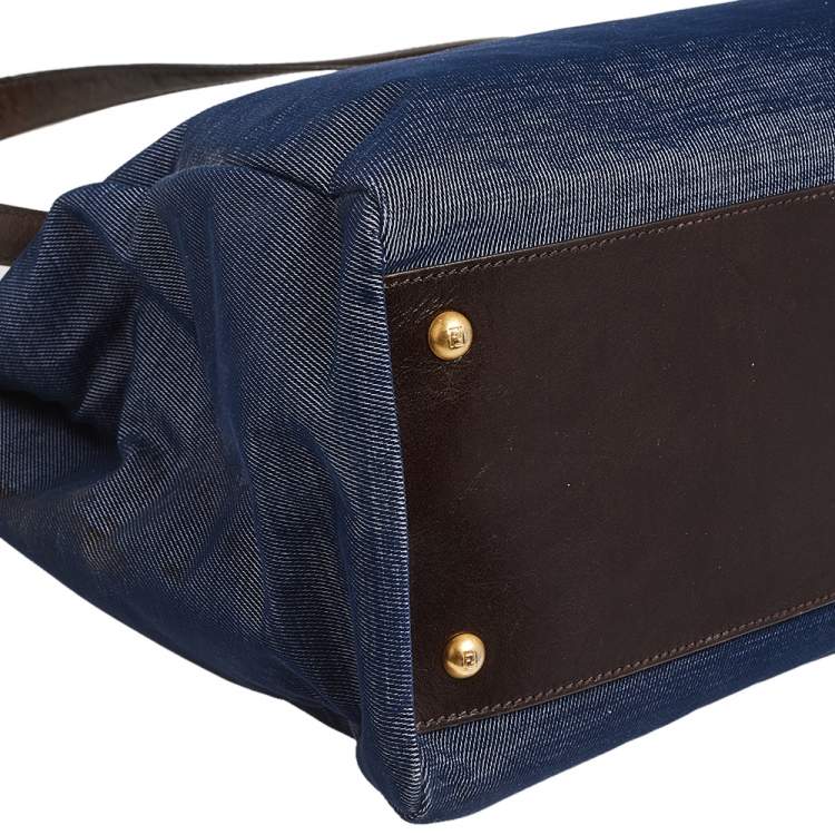 Pre Owned Fendi Blue/Brown Denim and Leather Large Peekaboo Top Handle Bag