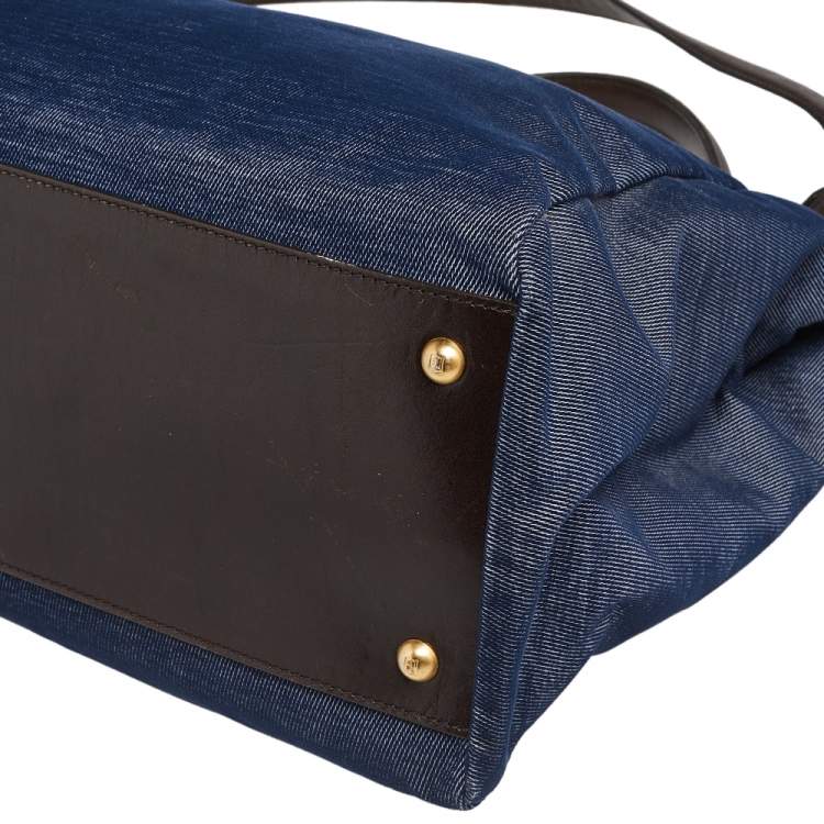 Pre Owned Fendi Blue/Brown Denim and Leather Large Peekaboo Top Handle Bag