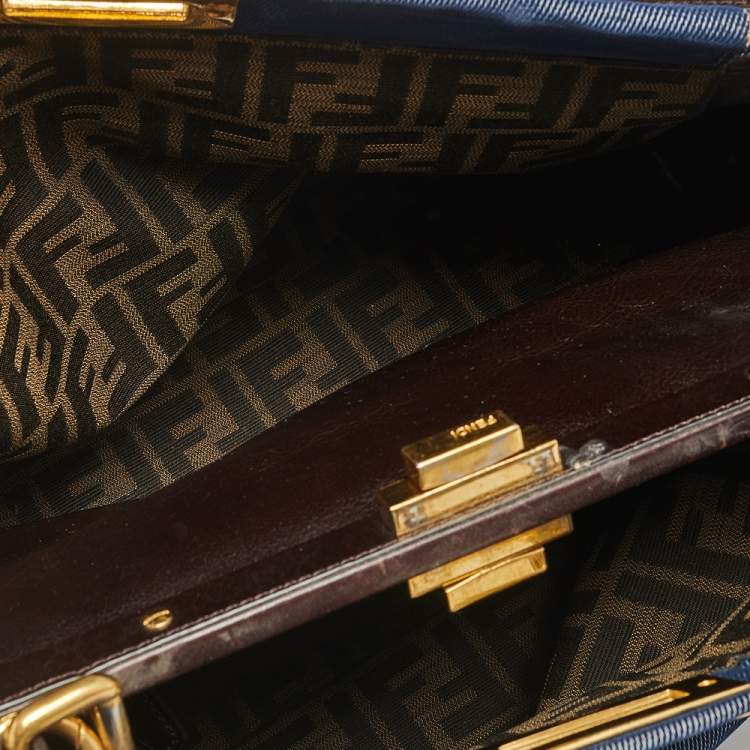 Pre Owned Fendi Blue/Brown Denim and Leather Large Peekaboo Top Handle Bag