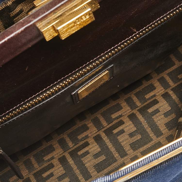 Pre Owned Fendi Blue/Brown Denim and Leather Large Peekaboo Top Handle Bag