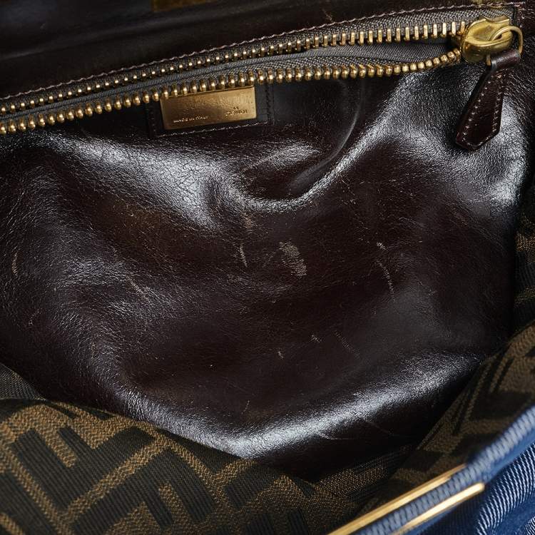 Pre Owned Fendi Blue/Brown Denim and Leather Large Peekaboo Top Handle Bag