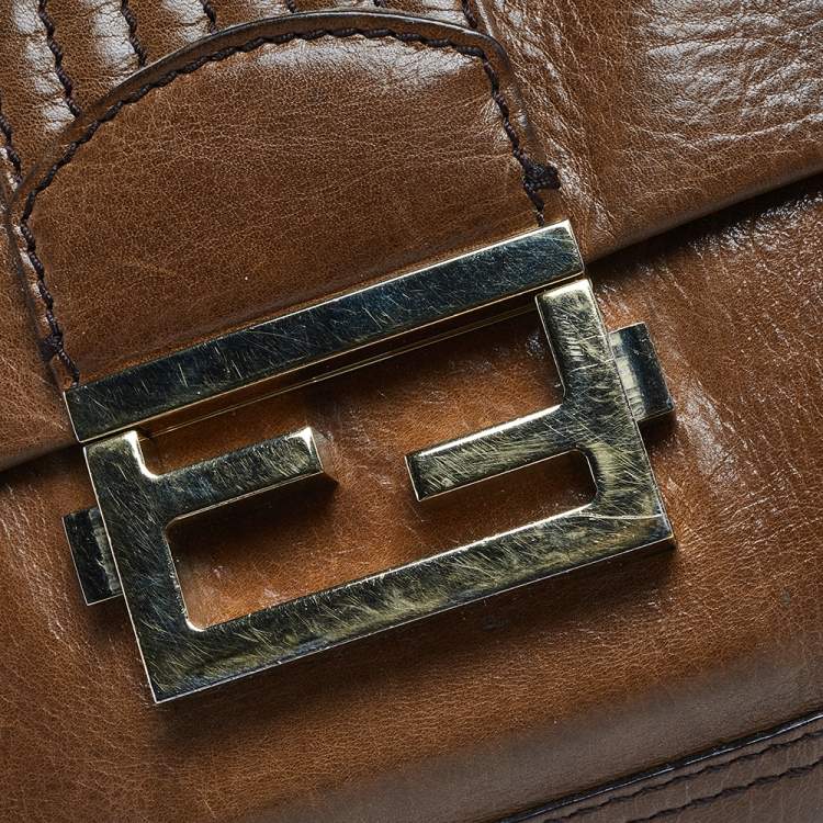 Pre Owned Fendi Brown Leather Borsa Flap Chain Baguette 