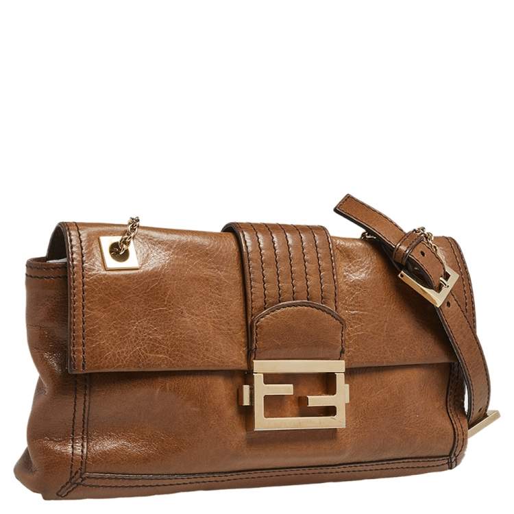 Pre Owned Fendi Brown Leather Borsa Flap Chain Baguette 