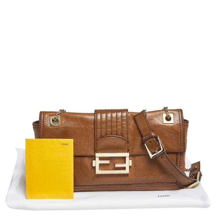 Pre Owned Fendi Brown Leather Borsa Flap Chain Baguette 