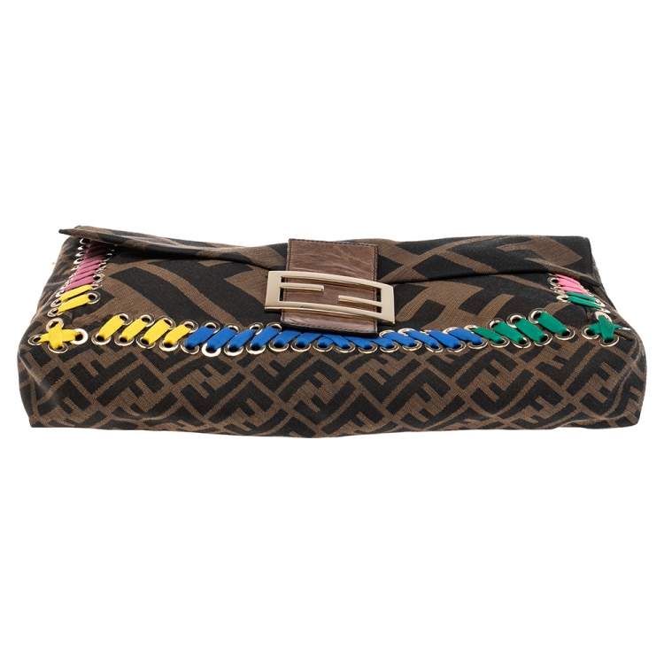 Pre Owned Fendi Tobacco Zucca Canvas and Leather Whipstitch Baguette Oversize Flap Clutch