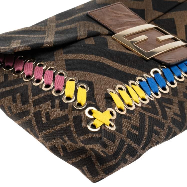 Pre Owned Fendi Tobacco Zucca Canvas and Leather Whipstitch Baguette Oversize Flap Clutch