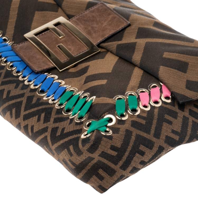 Pre Owned Fendi Tobacco Zucca Canvas and Leather Whipstitch Baguette Oversize Flap Clutch