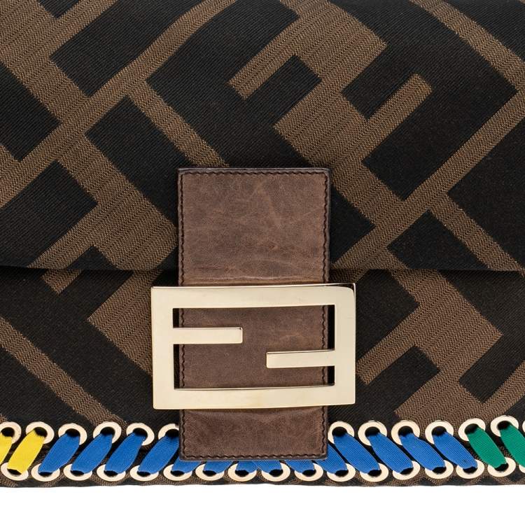 Pre Owned Fendi Tobacco Zucca Canvas and Leather Whipstitch Baguette Oversize Flap Clutch