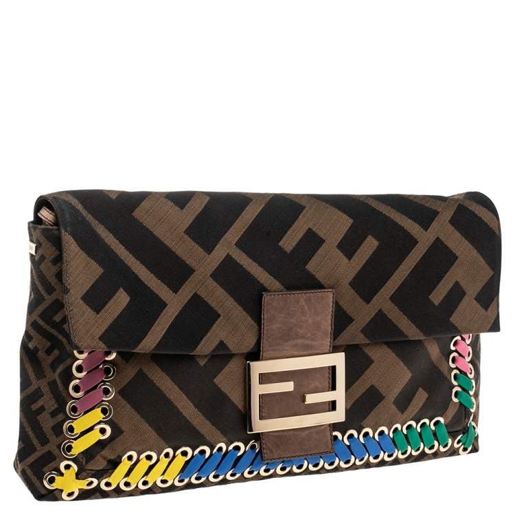 Pre Owned Fendi Tobacco Zucca Canvas and Leather Whipstitch Baguette Oversize Flap Clutch
