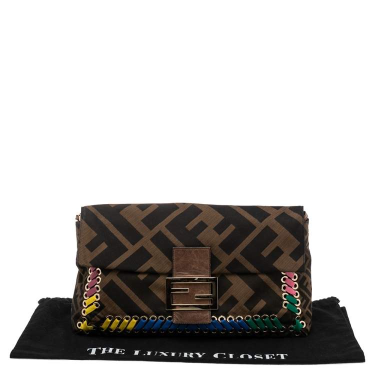Pre Owned Fendi Tobacco Zucca Canvas and Leather Whipstitch Baguette Oversize Flap Clutch