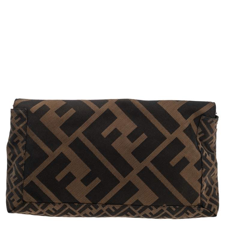 Pre Owned Fendi Tobacco Zucca Canvas and Leather Whipstitch Baguette Oversize Flap Clutch