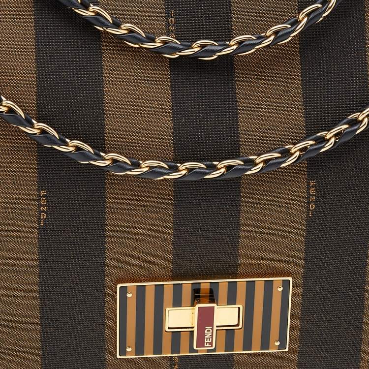 Pre Owned Fendi Tobacco Canvas Large Pequin Stripe Claudia Shoulder Bag