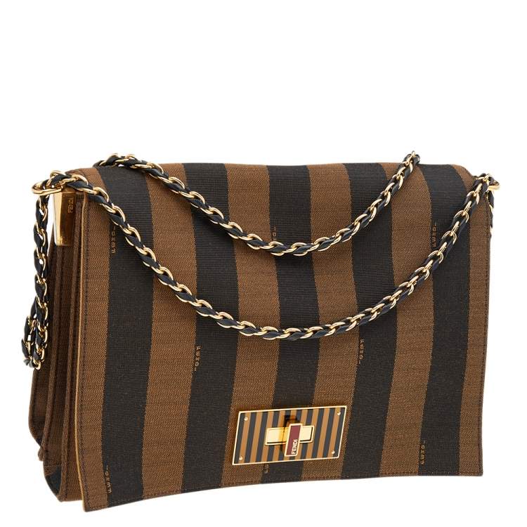 Pre Owned Fendi Tobacco Canvas Large Pequin Stripe Claudia Shoulder Bag
