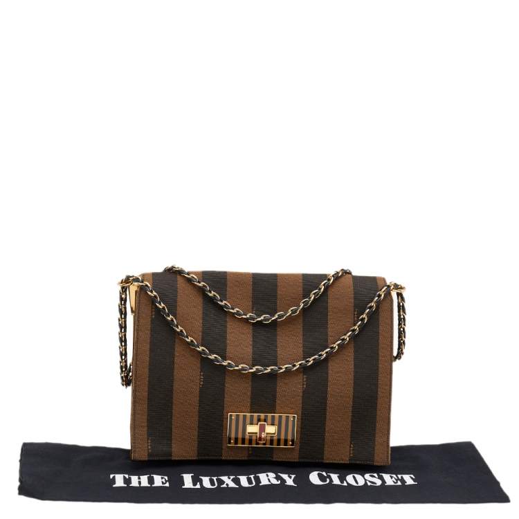 Pre Owned Fendi Tobacco Canvas Large Pequin Stripe Claudia Shoulder Bag