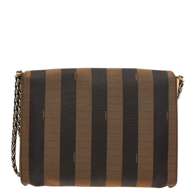 Pre Owned Fendi Tobacco Canvas Large Pequin Stripe Claudia Shoulder Bag