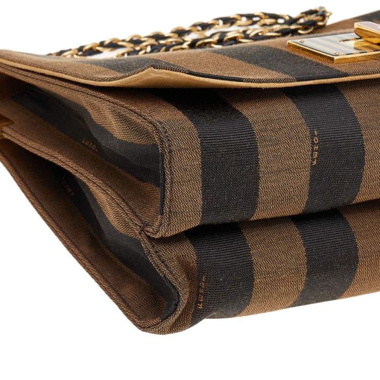 Pre Owned Fendi Tobacco Canvas Large Pequin Stripe Claudia Shoulder Bag