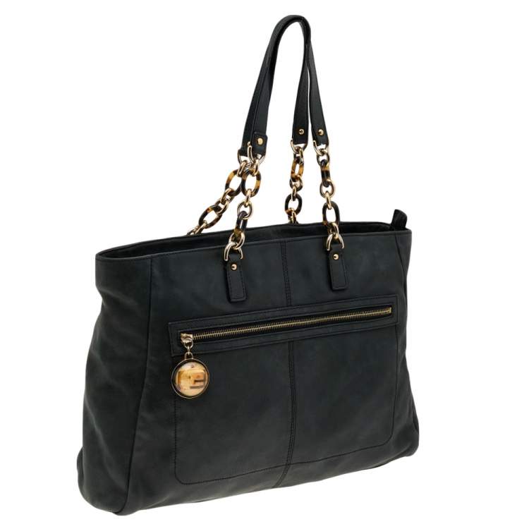 Pre Owned Fendi Black Iridescent Leather Chain Tote