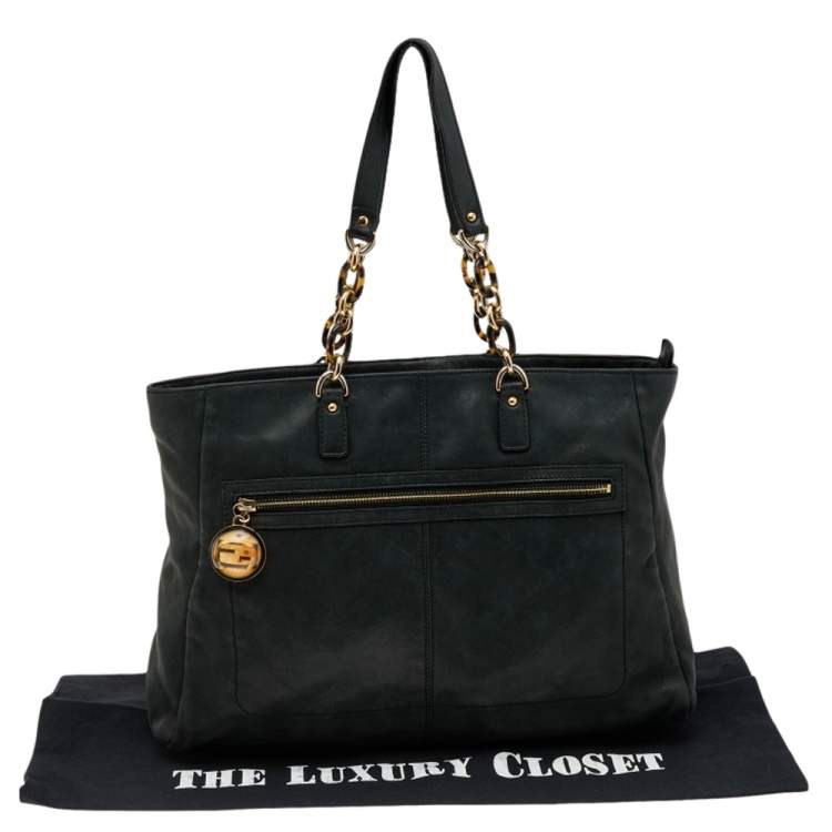 Pre Owned Fendi Black Iridescent Leather Chain Tote