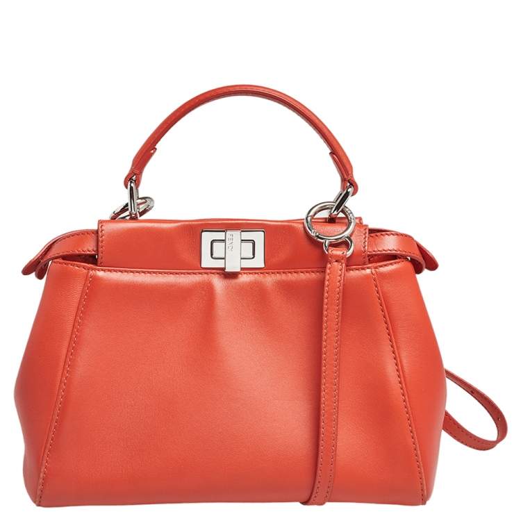 Pre Owned Fendi Orange Leather Mini Peekaboo Top Handle Bag