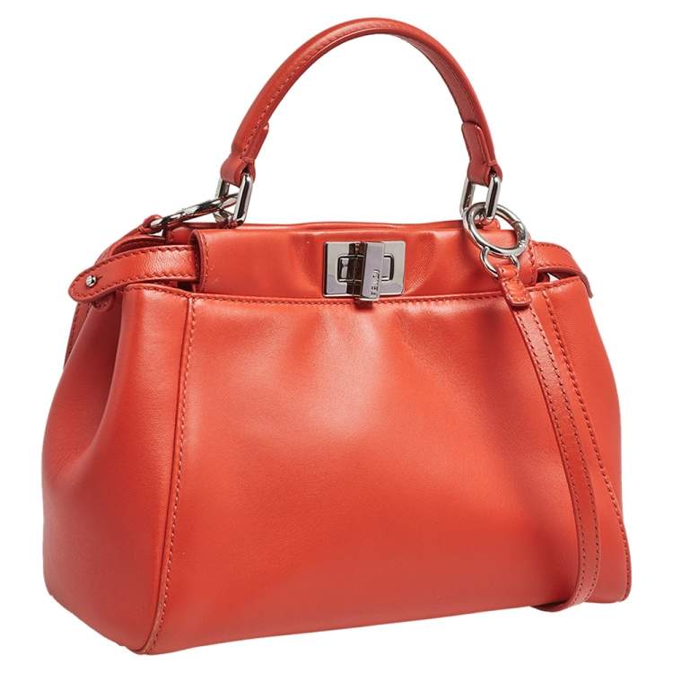Pre Owned Fendi Orange Leather Mini Peekaboo Top Handle Bag
