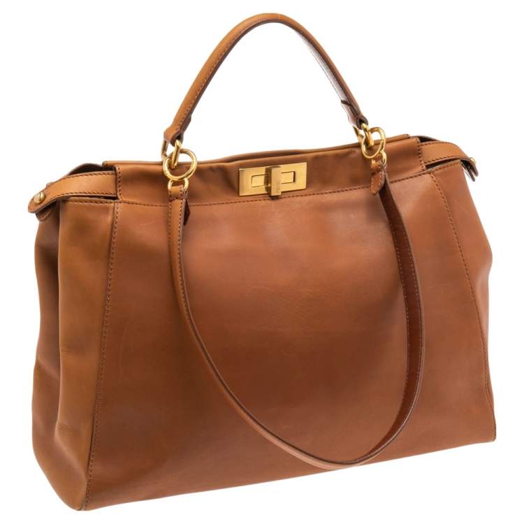 Pre Owned Fendi Tan Leather Large Peekaboo Top Handle Bag