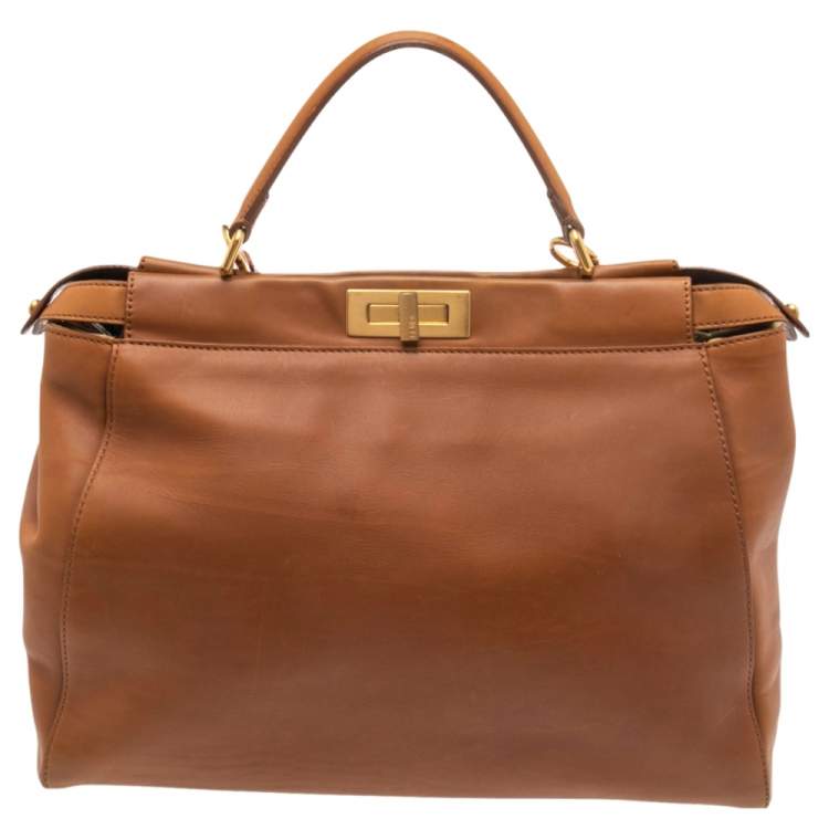 Pre Owned Fendi Tan Leather Large Peekaboo Top Handle Bag