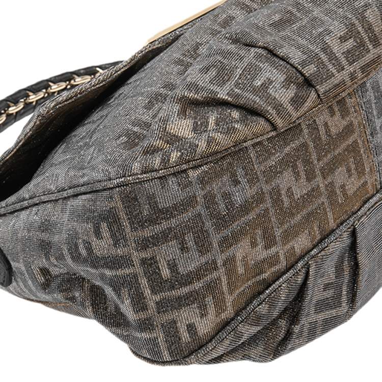 Pre Owned Fendi Gold/Silver Zucca Glitter Jacquard Fabric Mia Flap Bag