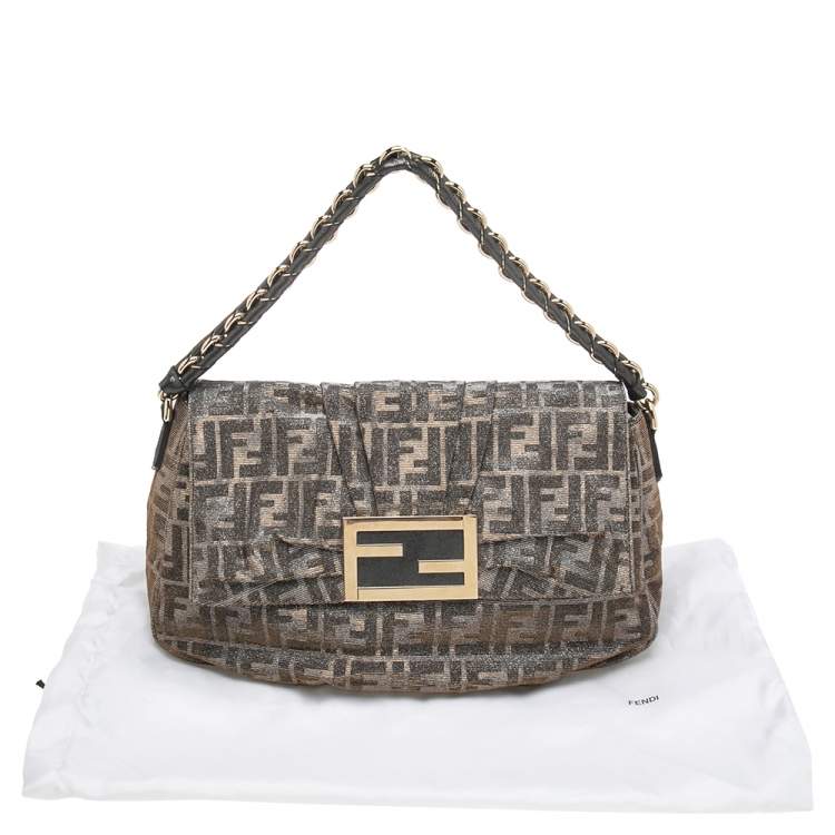 Pre Owned Fendi Gold/Silver Zucca Glitter Jacquard Fabric Mia Flap Bag