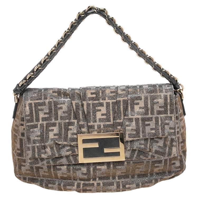 Pre Owned Fendi Gold/Silver Zucca Glitter Jacquard Fabric Mia Flap Bag
