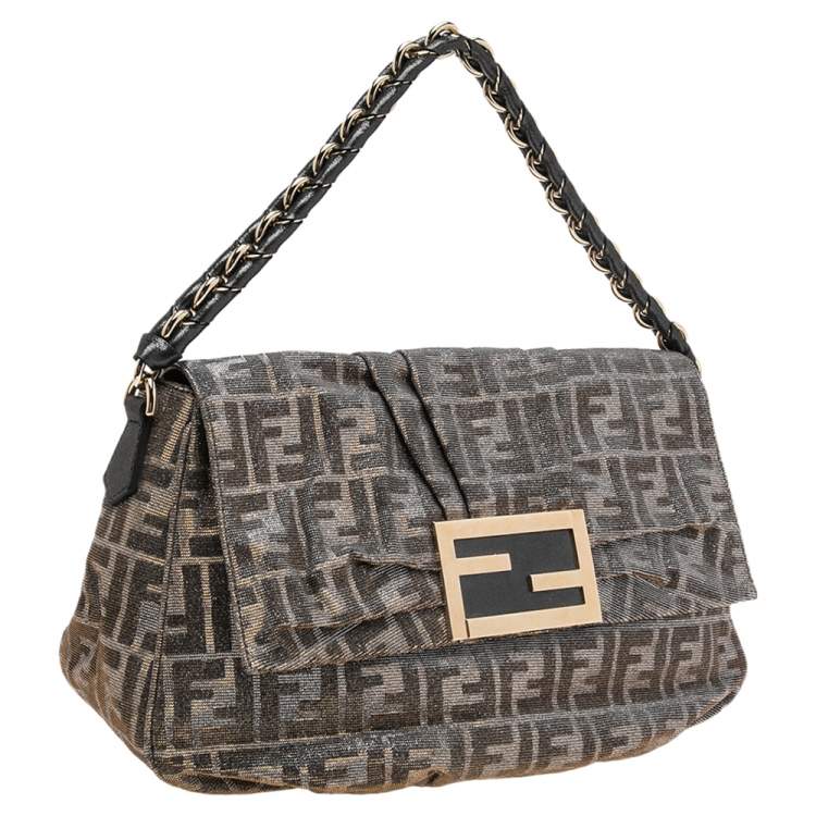 Pre Owned Fendi Gold/Silver Zucca Glitter Jacquard Fabric Mia Flap Bag