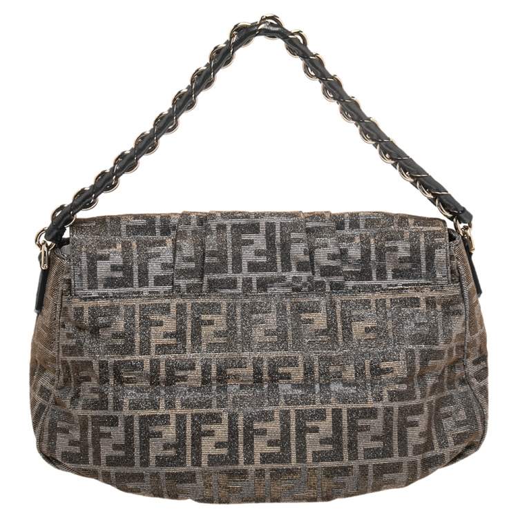 Pre Owned Fendi Gold/Silver Zucca Glitter Jacquard Fabric Mia Flap Bag