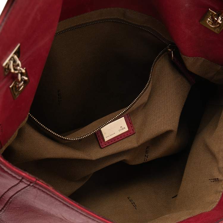 Pre Owned Fendi Red Leather Maxi Baguette Flap Shoulder Bag