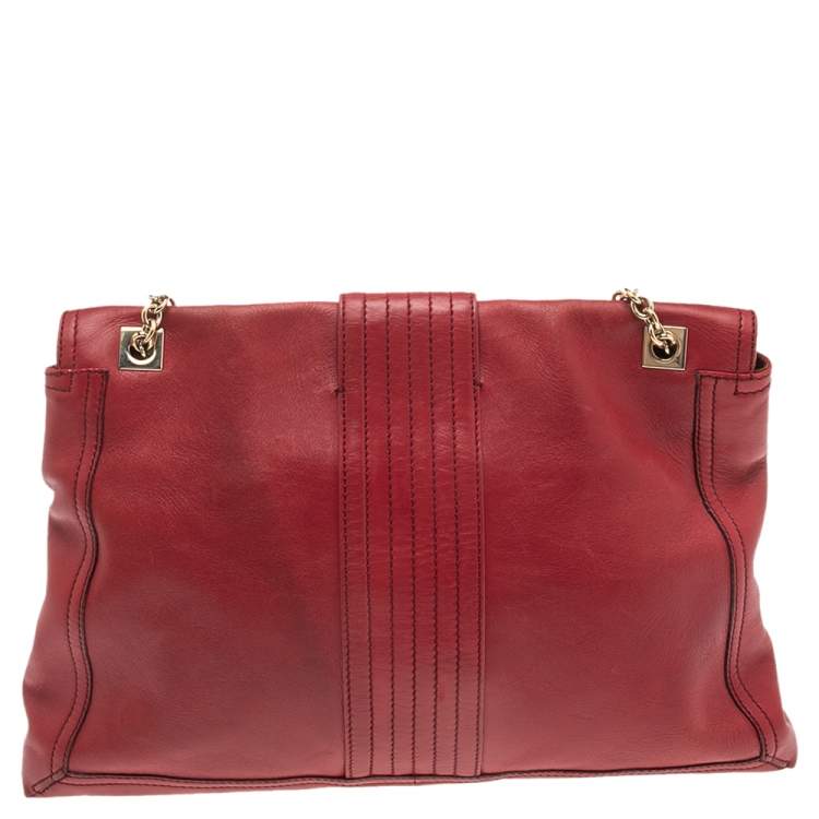 Pre Owned Fendi Red Leather Maxi Baguette Flap Shoulder Bag