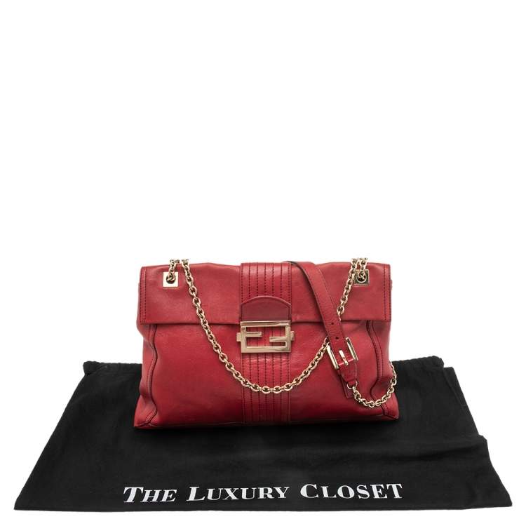 Pre Owned Fendi Red Leather Maxi Baguette Flap Shoulder Bag