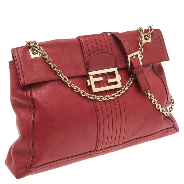 Pre Owned Fendi Red Leather Maxi Baguette Flap Shoulder Bag