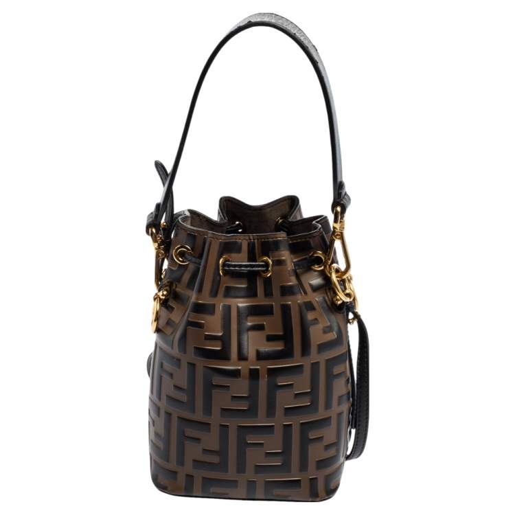Pre Owned Fendi Brown/Black Zucca Leather Mini Mon Tresor Drawstring Bucket Bag