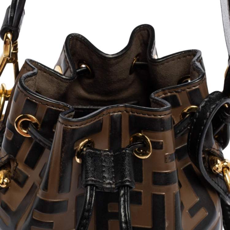Pre Owned Fendi Brown/Black Zucca Leather Mini Mon Tresor Drawstring Bucket Bag