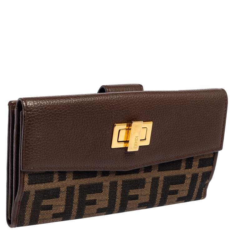 Pre Owned Fendi Tobacco Zucca Canvas and Leather Turnlock Flap Continental Wallet
